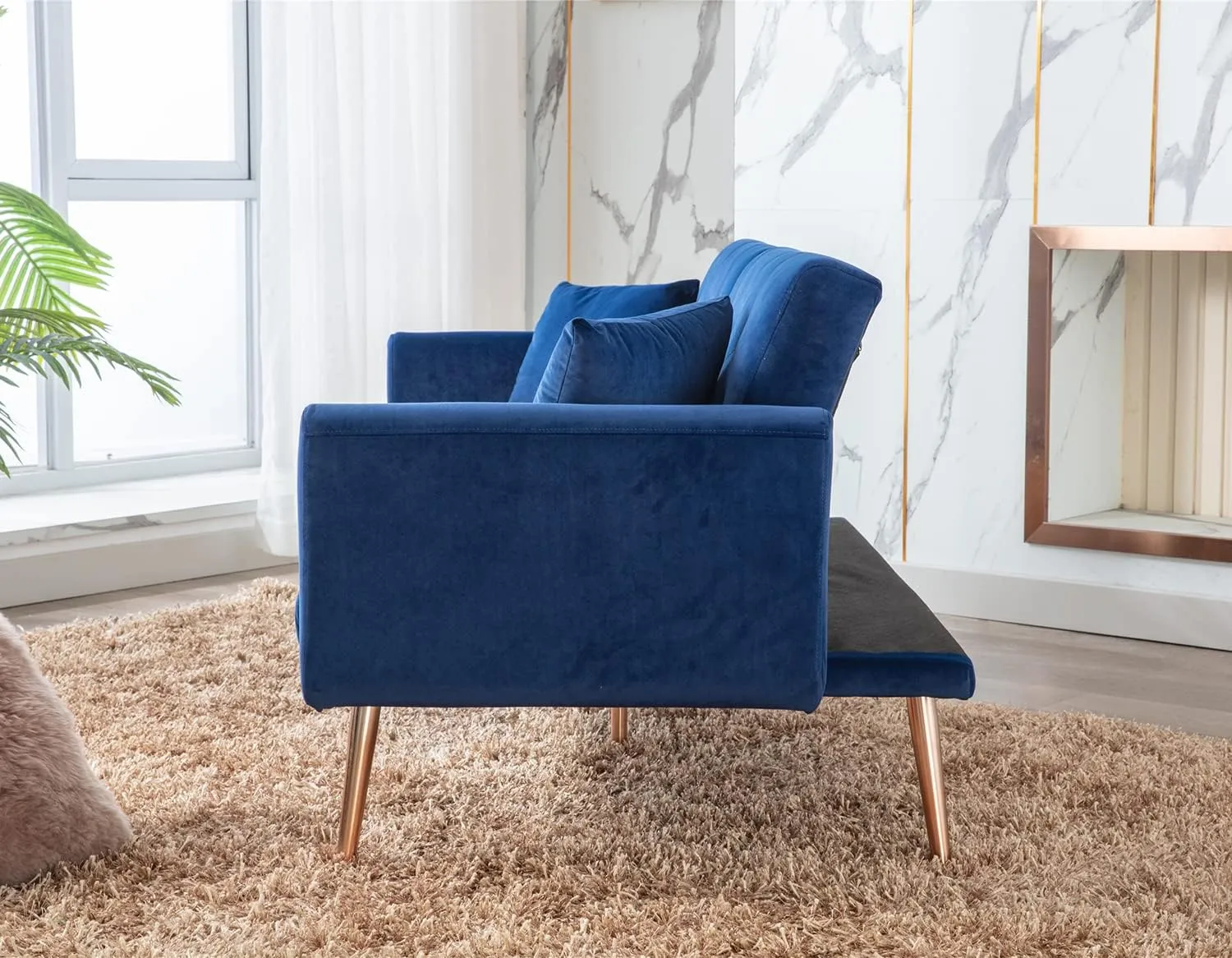 Antetek Velvet Futon Sofa Bed with 3 Adjustable Positions, Small Sleeper Sofa Loveseat with 2 Decorative Pillows, Modern Upholstered Convertible Couch with 5 Metal Tapered Legs (Navy)