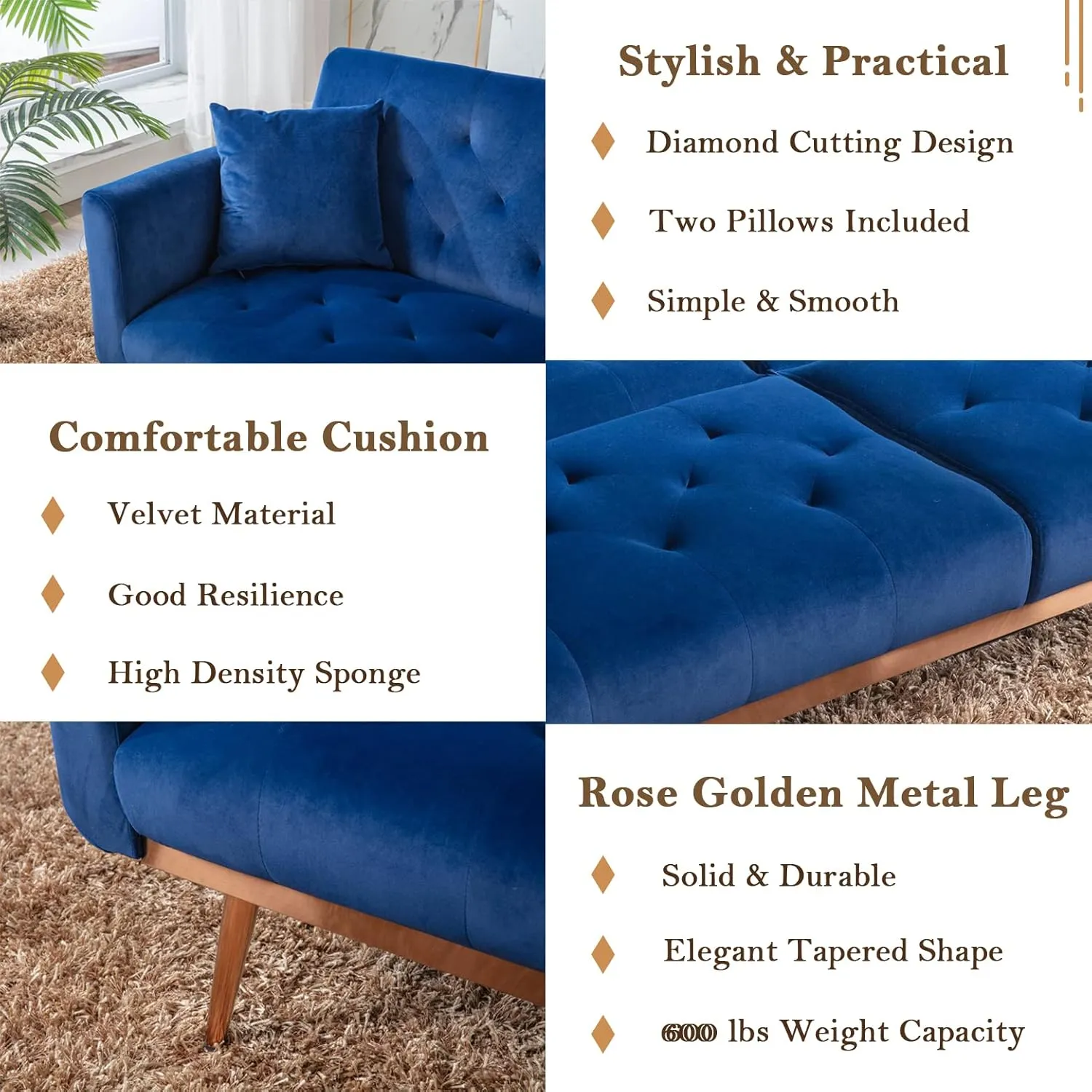 Antetek Velvet Futon Sofa Bed with 3 Adjustable Positions, Small Sleeper Sofa Loveseat with 2 Decorative Pillows, Modern Upholstered Convertible Couch with 5 Metal Tapered Legs (Navy)