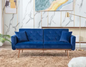 Antetek Velvet Futon Sofa Bed with 3 Adjustable Positions, Small Sleeper Sofa Loveseat with 2 Decorative Pillows, Modern Upholstered Convertible Couch with 5 Metal Tapered Legs (Navy)