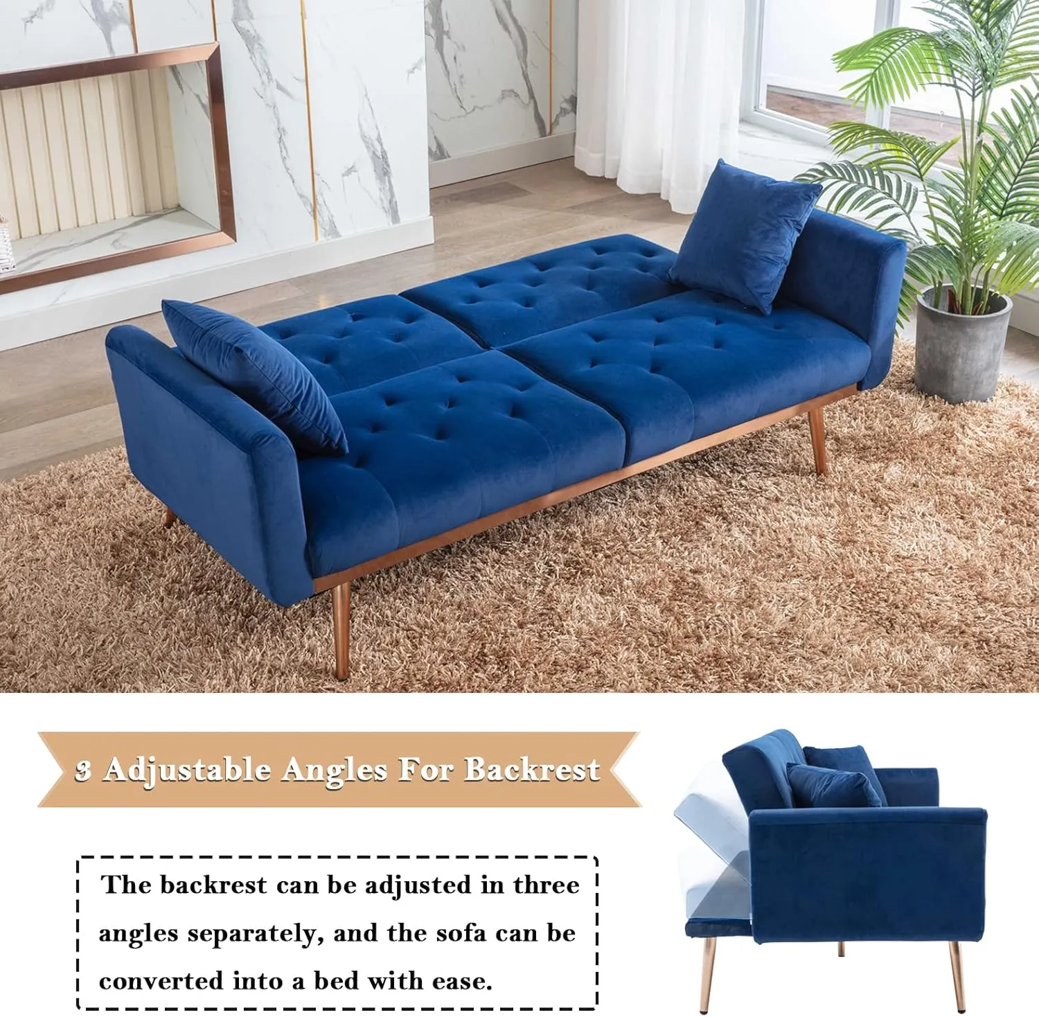 Antetek Velvet Futon Sofa Bed with 3 Adjustable Positions, Small Sleeper Sofa Loveseat with 2 Decorative Pillows, Modern Upholstered Convertible Couch with 5 Metal Tapered Legs (Navy)