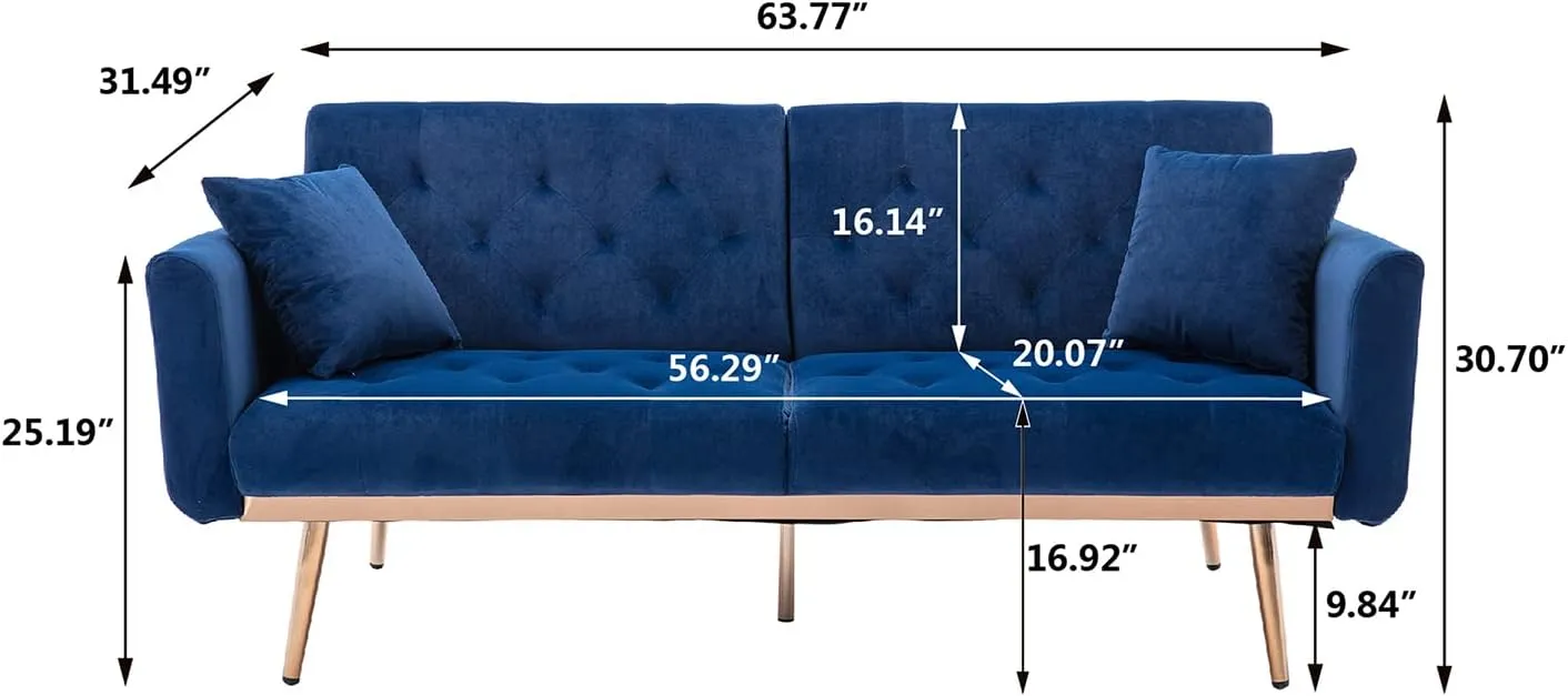 Antetek Velvet Futon Sofa Bed with 3 Adjustable Positions, Small Sleeper Sofa Loveseat with 2 Decorative Pillows, Modern Upholstered Convertible Couch with 5 Metal Tapered Legs (Navy)
