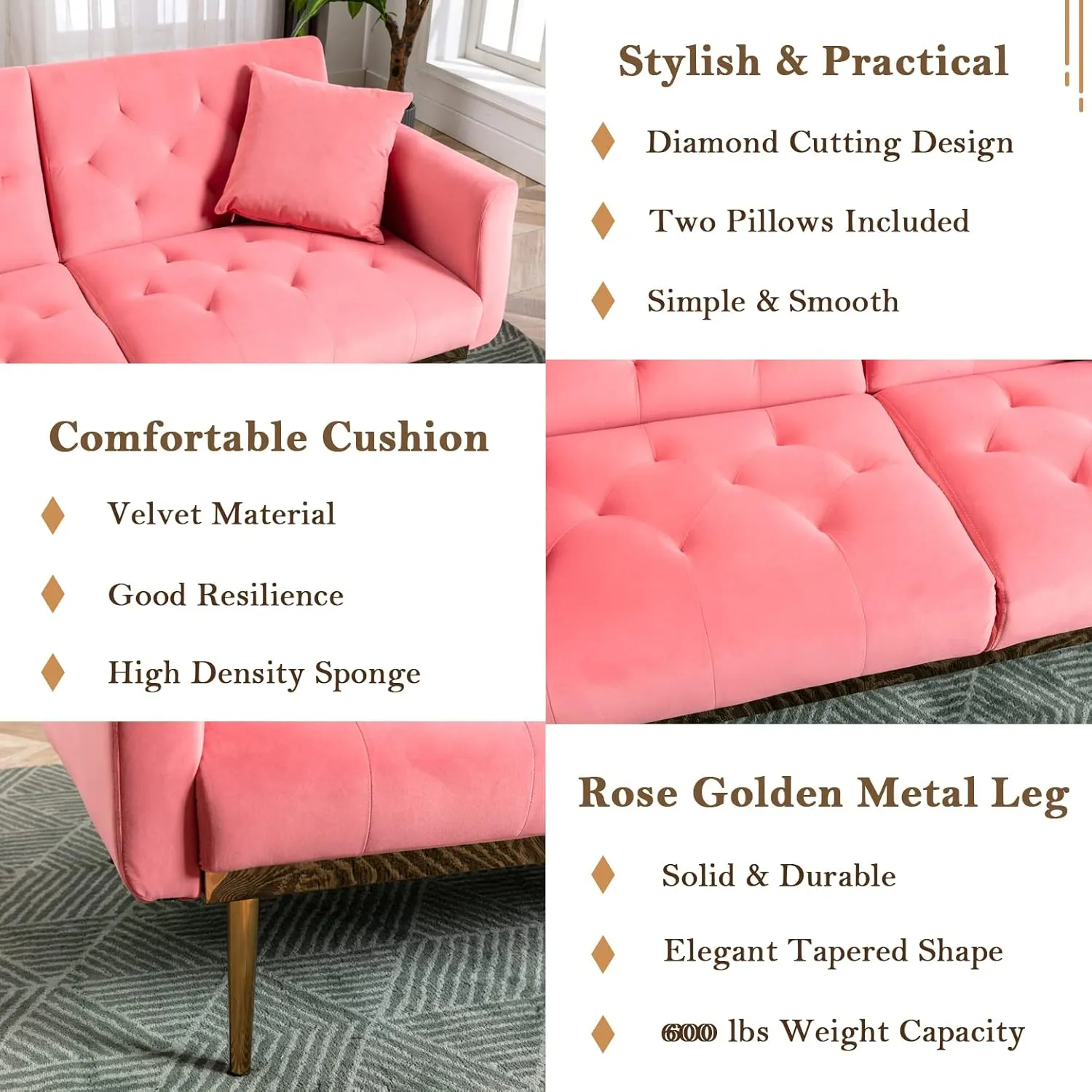 Antetek Velvet Futon Sofa Bed with 3 Adjustable Positions, Small Sleeper Sofa Loveseat with 2 Decorative Pillows, Modern Upholstered Convertible Couch with 5 Metal Tapered Legs (Peach)
