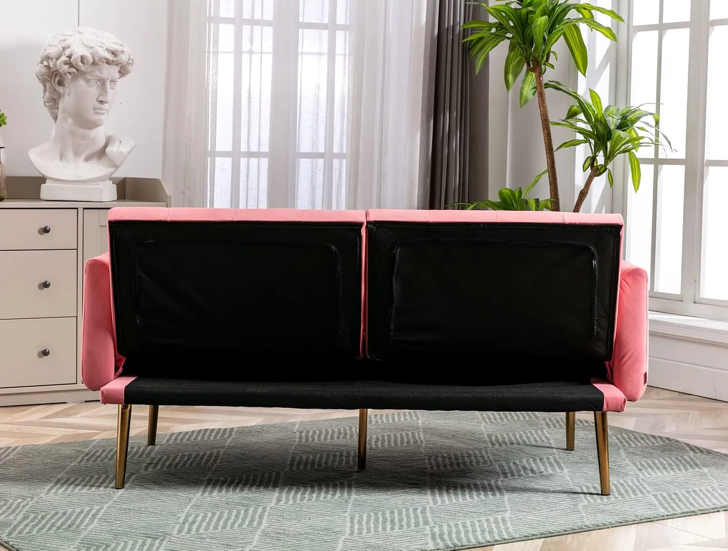 Antetek Velvet Futon Sofa Bed with 3 Adjustable Positions, Small Sleeper Sofa Loveseat with 2 Decorative Pillows, Modern Upholstered Convertible Couch with 5 Metal Tapered Legs (Peach)