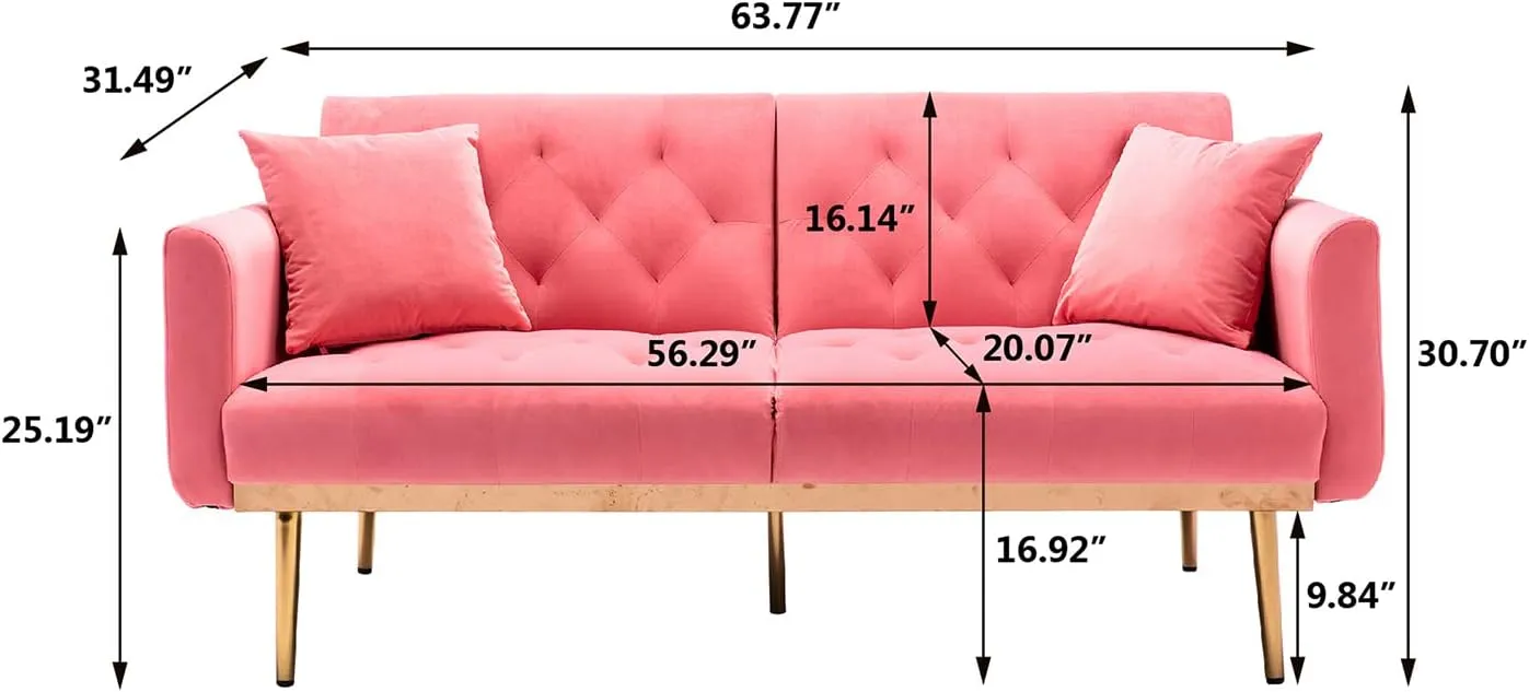 Antetek Velvet Futon Sofa Bed with 3 Adjustable Positions, Small Sleeper Sofa Loveseat with 2 Decorative Pillows, Modern Upholstered Convertible Couch with 5 Metal Tapered Legs (Peach)