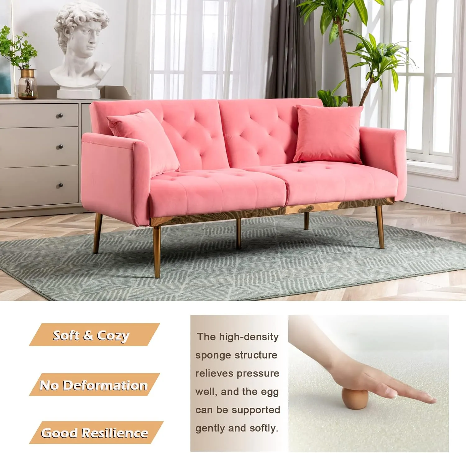 Antetek Velvet Futon Sofa Bed with 3 Adjustable Positions, Small Sleeper Sofa Loveseat with 2 Decorative Pillows, Modern Upholstered Convertible Couch with 5 Metal Tapered Legs (Peach)