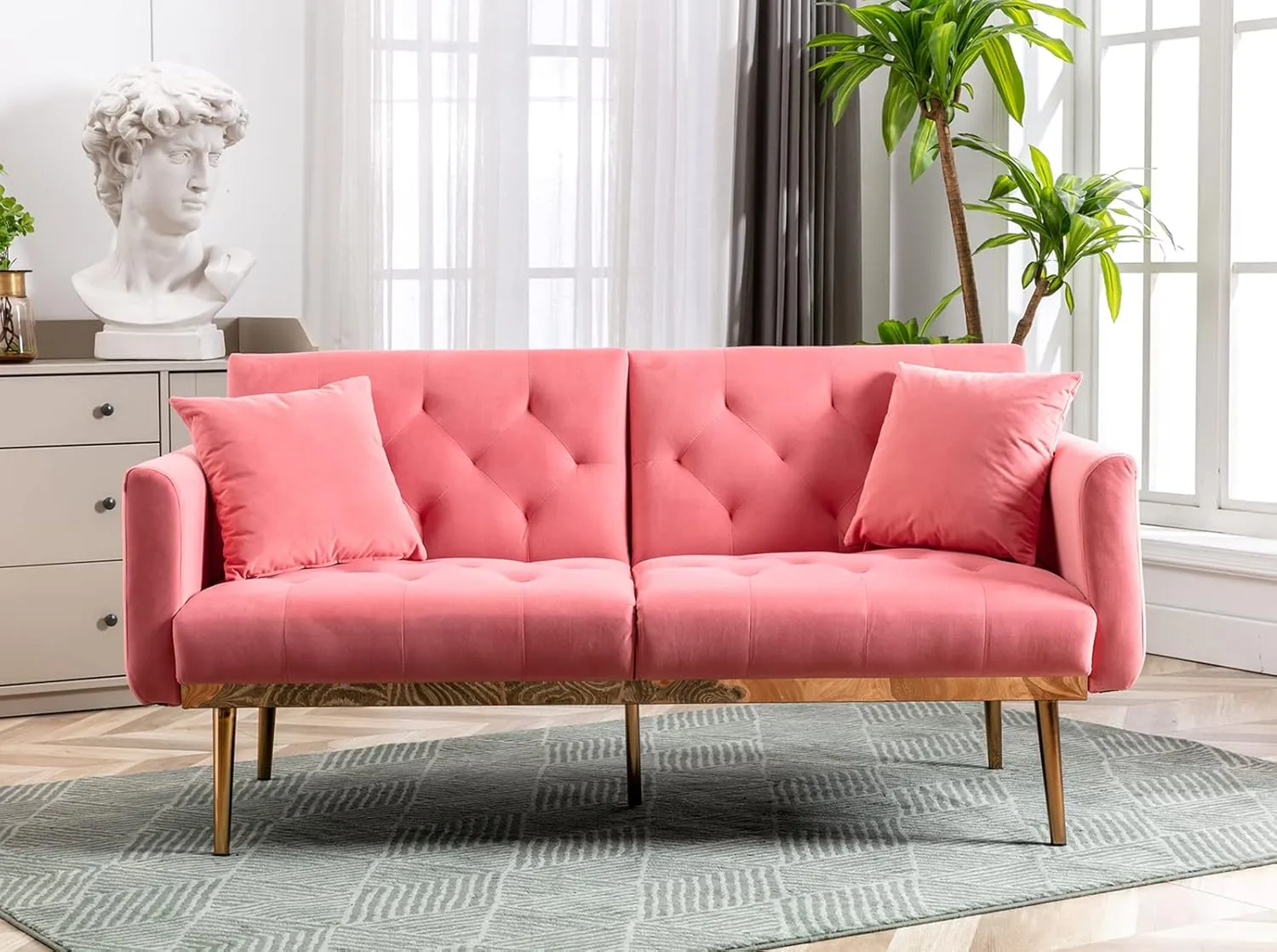 Antetek Velvet Futon Sofa Bed with 3 Adjustable Positions, Small Sleeper Sofa Loveseat with 2 Decorative Pillows, Modern Upholstered Convertible Couch with 5 Metal Tapered Legs (Peach)