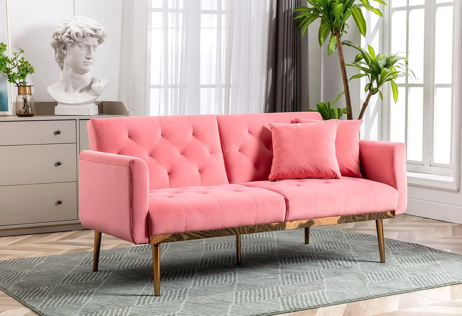 Antetek Velvet Futon Sofa Bed with 3 Adjustable Positions, Small Sleeper Sofa Loveseat with 2 Decorative Pillows, Modern Upholstered Convertible Couch with 5 Metal Tapered Legs (Peach)
