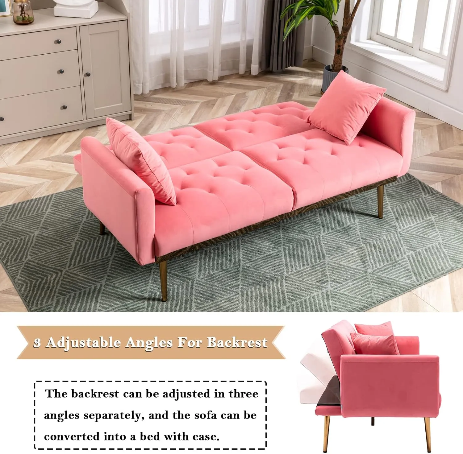 Antetek Velvet Futon Sofa Bed with 3 Adjustable Positions, Small Sleeper Sofa Loveseat with 2 Decorative Pillows, Modern Upholstered Convertible Couch with 5 Metal Tapered Legs (Peach)