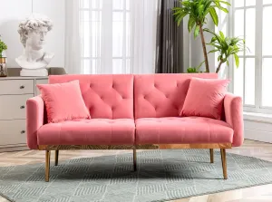 Antetek Velvet Futon Sofa Bed with 3 Adjustable Positions, Small Sleeper Sofa Loveseat with 2 Decorative Pillows, Modern Upholstered Convertible Couch with 5 Metal Tapered Legs (Peach)