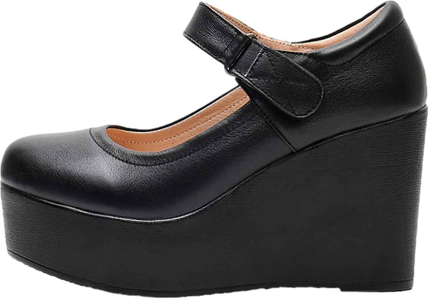 ANUFER Women's High Platform Wedge Heel Mary Jane Shoes Hook&Loop Ankle Strap Leather Pumps