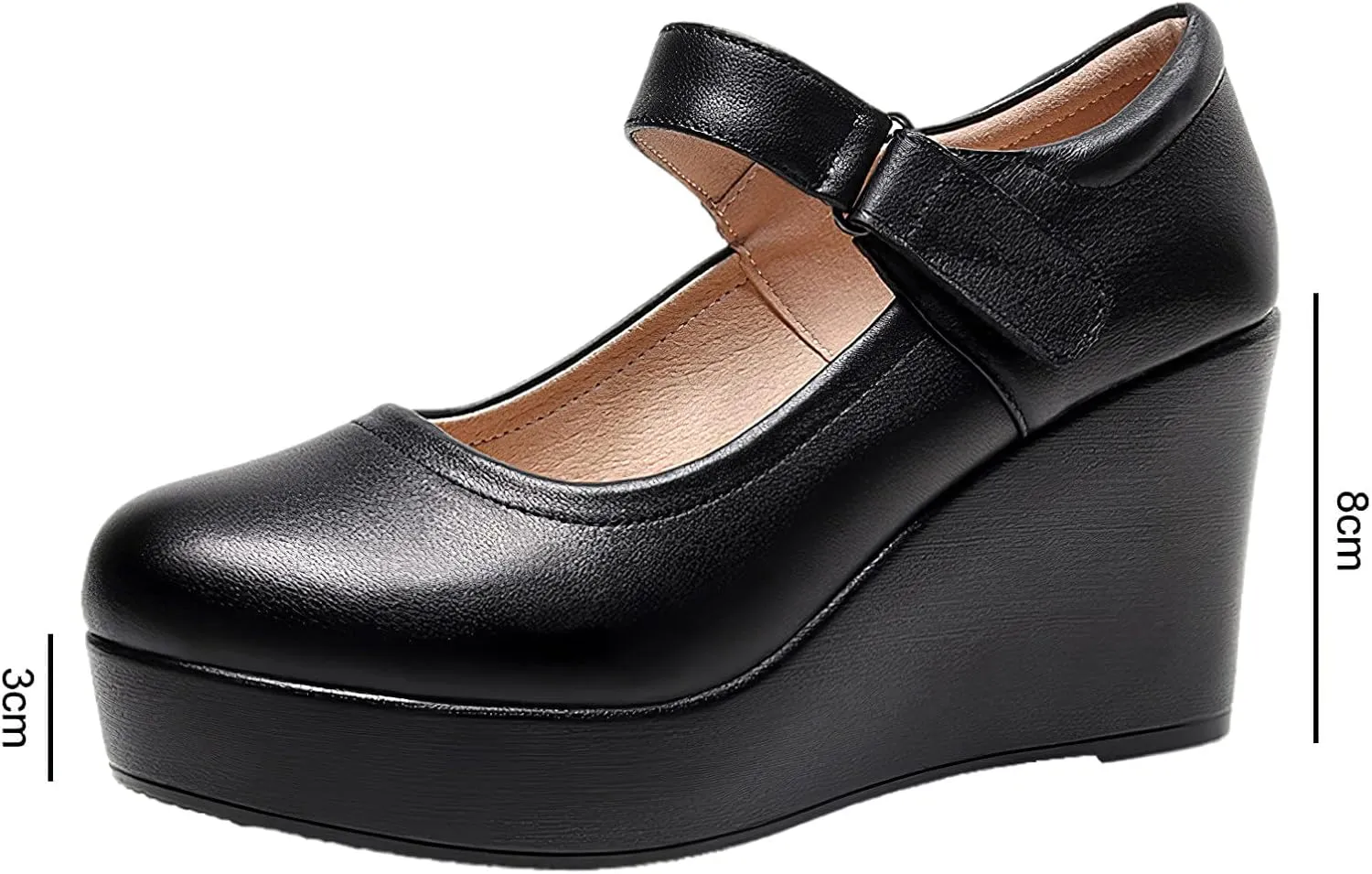ANUFER Women's High Platform Wedge Heel Mary Jane Shoes Hook&Loop Ankle Strap Leather Pumps