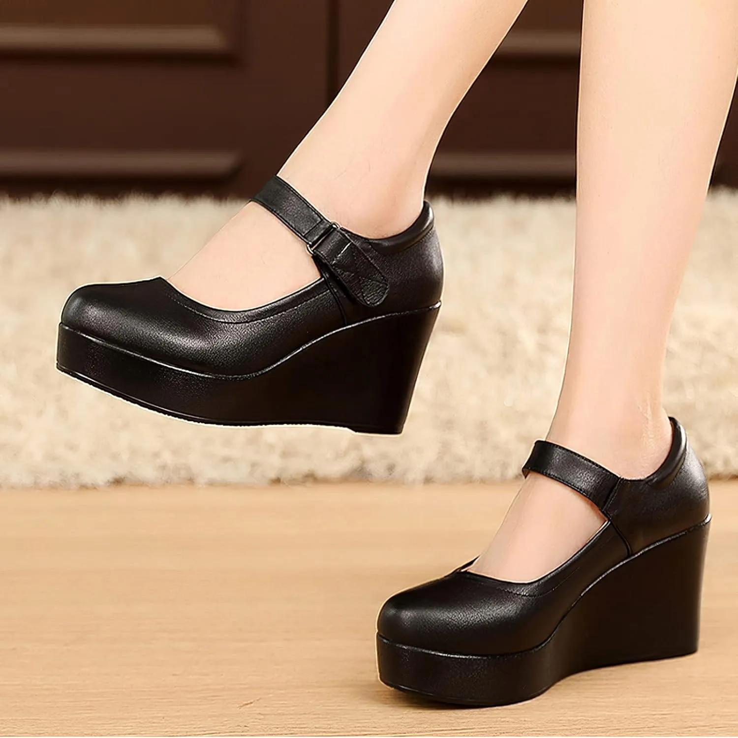 ANUFER Women's High Platform Wedge Heel Mary Jane Shoes Hook&Loop Ankle Strap Leather Pumps