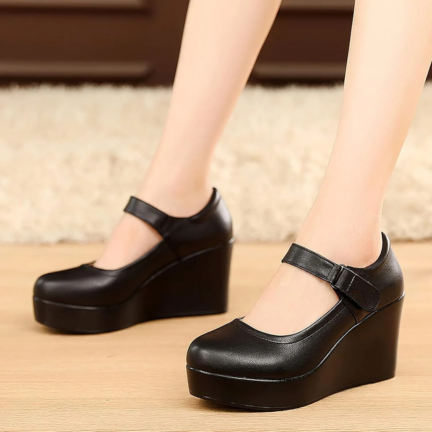 ANUFER Women's High Platform Wedge Heel Mary Jane Shoes Hook&Loop Ankle Strap Leather Pumps