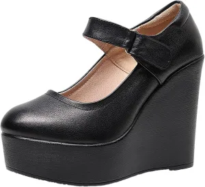 ANUFER Women's High Platform Wedge Heel Mary Jane Shoes Hook&Loop Ankle Strap Leather Pumps