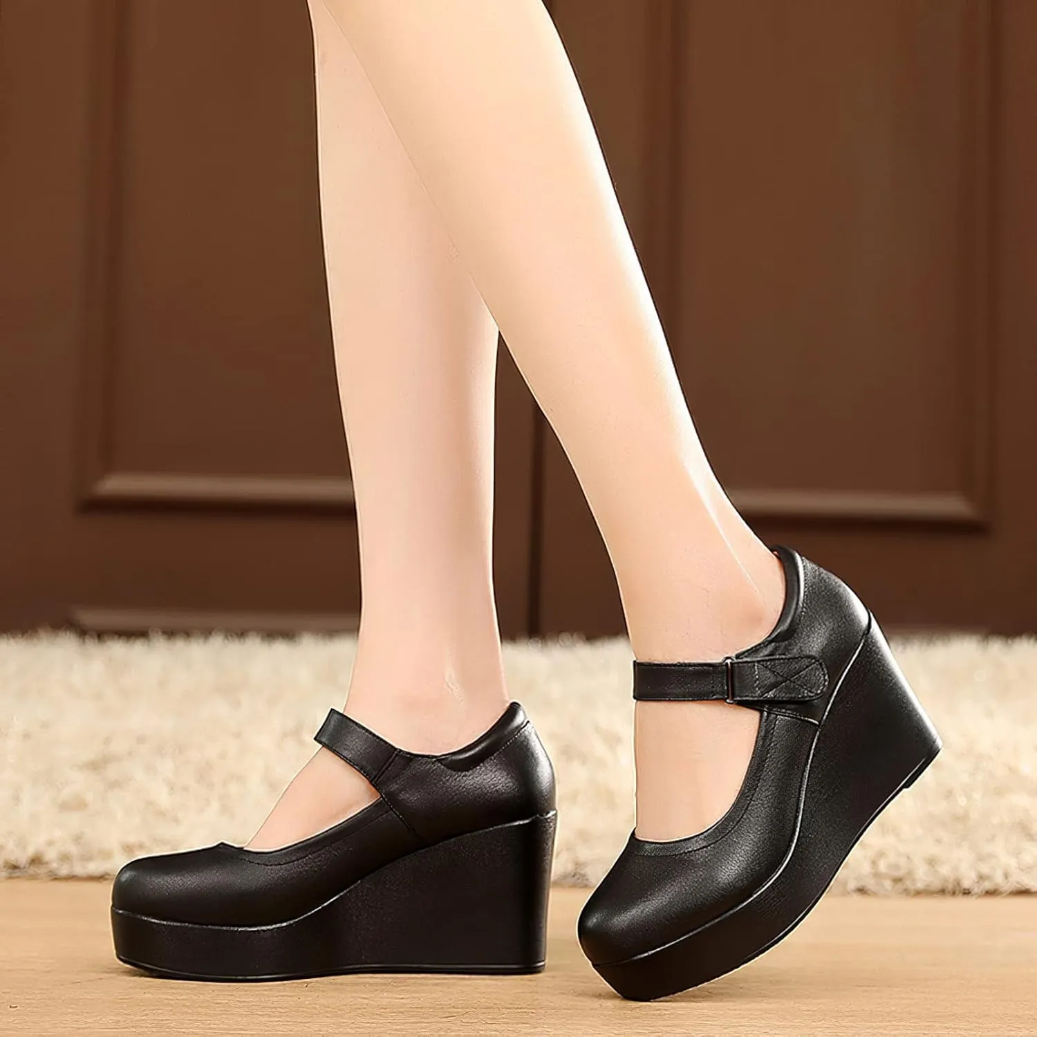 ANUFER Women's High Platform Wedge Heel Mary Jane Shoes Hook&Loop Ankle Strap Leather Pumps