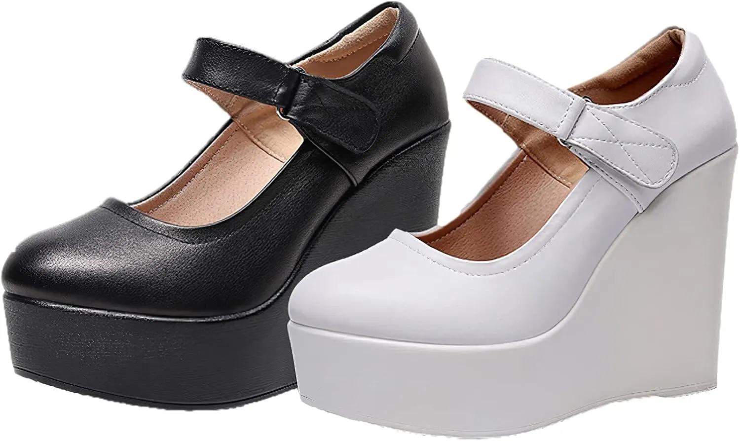 ANUFER Women's High Platform Wedge Heel Mary Jane Shoes Hook&Loop Ankle Strap Leather Pumps