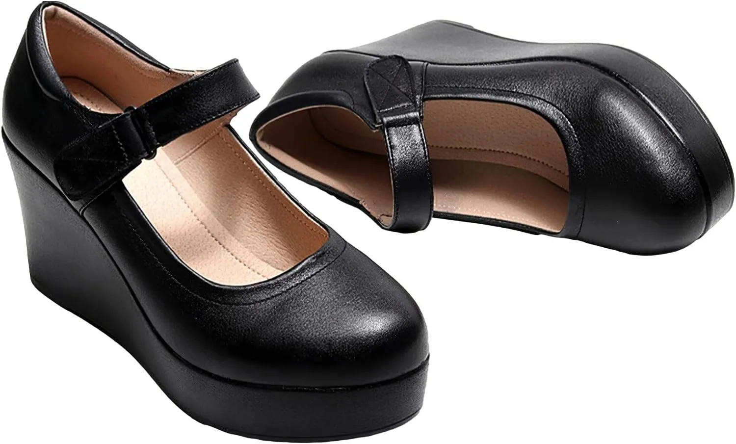 ANUFER Women's High Platform Wedge Heel Mary Jane Shoes Hook&Loop Ankle Strap Leather Pumps