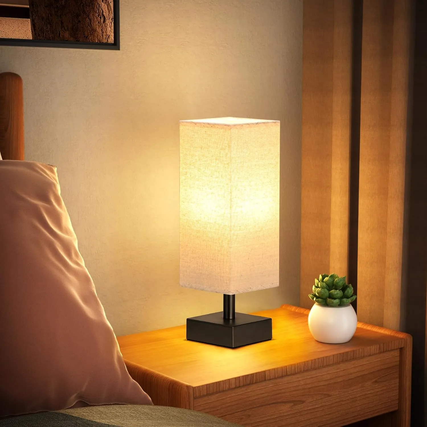 aooshine Beige Small Table Lamp for Bedroom, Minimalist Night Stand Light Lamp for Nightstand, Desk Reading Lamp for Kids Room