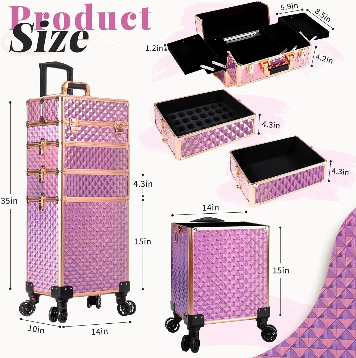 AROUS Rolling Makeup Train Case Large Storage Cosmetic Trolley 4 in 1 Large Capacity Trolley Makeup Travel Case with Key Swivel Wheels Salon Barber Case Traveling Cart Trunk, Pink