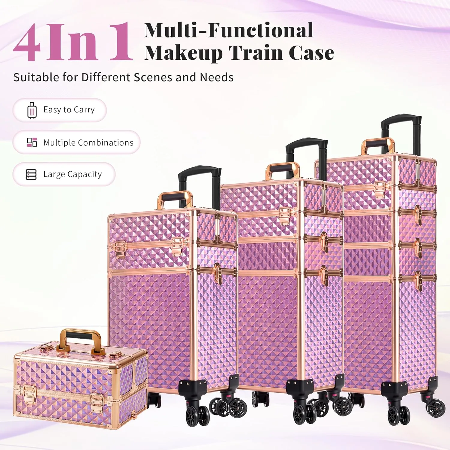 AROUS Rolling Makeup Train Case Large Storage Cosmetic Trolley 4 in 1 Large Capacity Trolley Makeup Travel Case with Key Swivel Wheels Salon Barber Case Traveling Cart Trunk, Pink