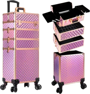 AROUS Rolling Makeup Train Case Large Storage Cosmetic Trolley 4 in 1 Large Capacity Trolley Makeup Travel Case with Key Swivel Wheels Salon Barber Case Traveling Cart Trunk, Pink