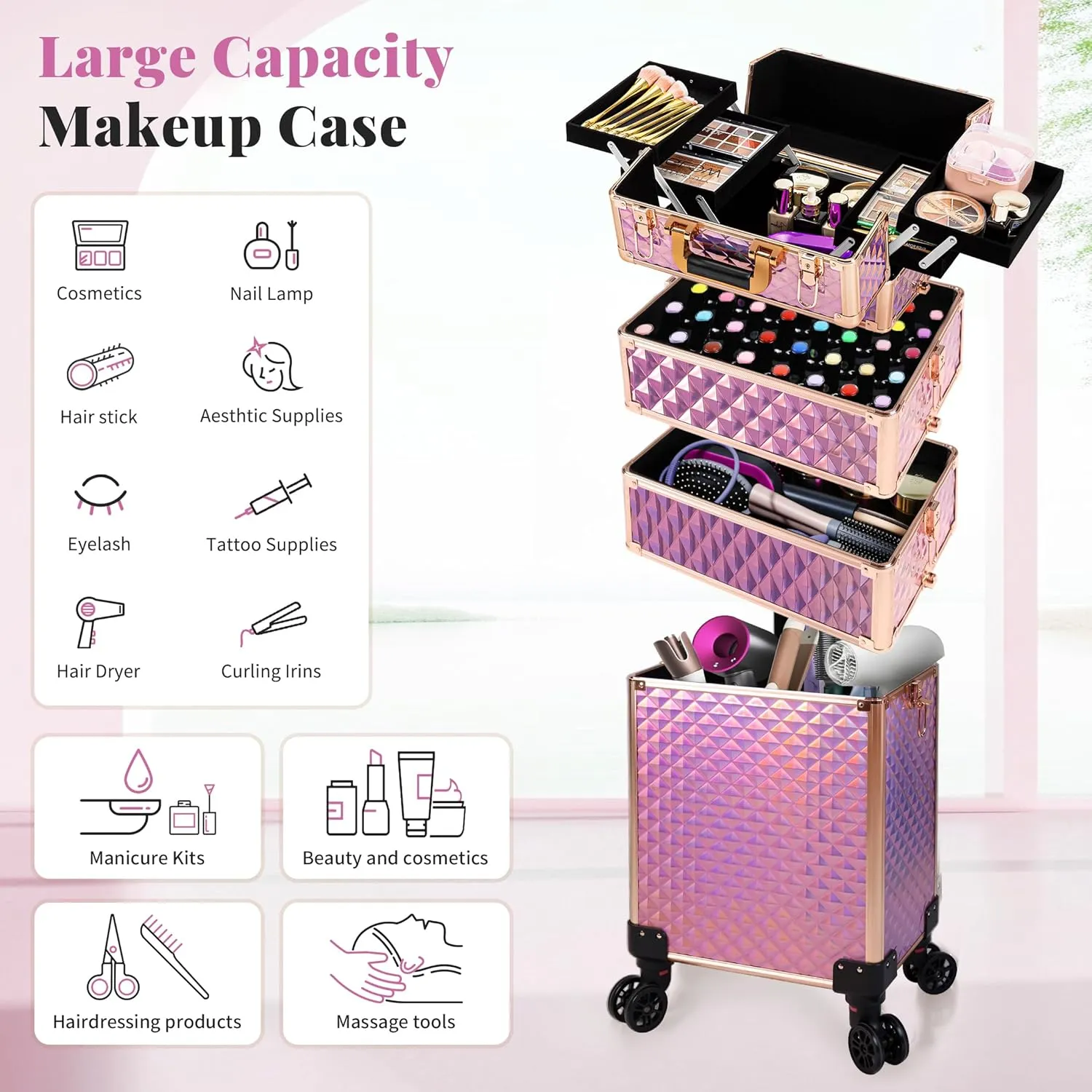 AROUS Rolling Makeup Train Case Large Storage Cosmetic Trolley 4 in 1 Large Capacity Trolley Makeup Travel Case with Key Swivel Wheels Salon Barber Case Traveling Cart Trunk, Pink