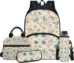 Art Flowers School Backpack for Kids 8-12 Boys and Lunch Bag Pencil Case Water Bottle Cover Portable Fashion Backpack Lunchbox for School Vacation