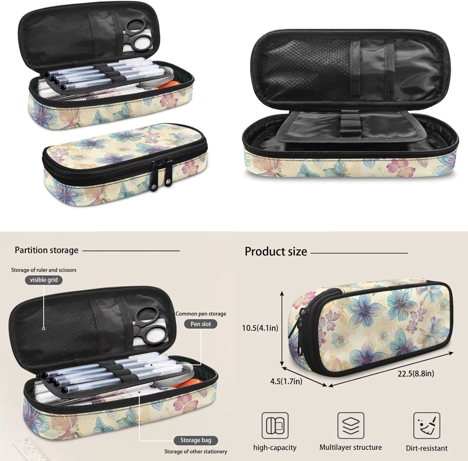 Art Flowers School Backpack for Kids 8-12 Boys and Lunch Bag Pencil Case Water Bottle Cover Portable Fashion Backpack Lunchbox for School Vacation