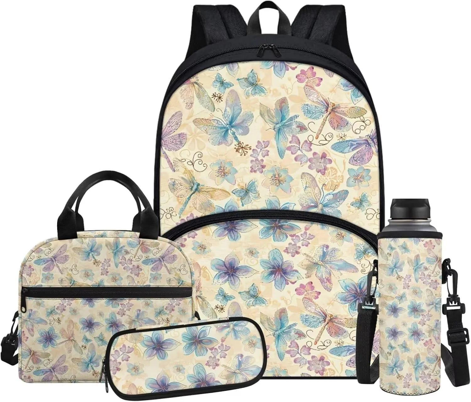 Art Flowers School Backpack for Kids 8-12 Boys and Lunch Bag Pencil Case Water Bottle Cover Portable Fashion Backpack Lunchbox for School Vacation