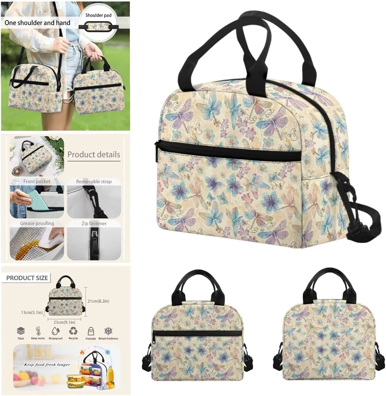 Art Flowers School Backpack for Kids 8-12 Boys and Lunch Bag Pencil Case Water Bottle Cover Portable Fashion Backpack Lunchbox for School Vacation