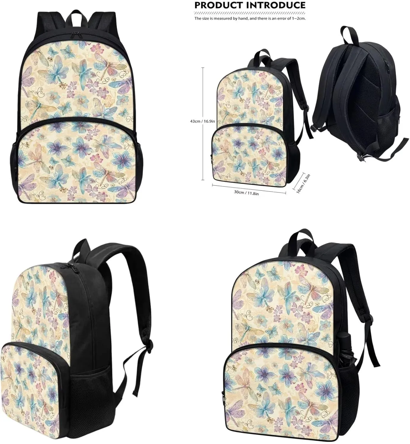 Art Flowers School Backpack for Kids 8-12 Boys and Lunch Bag Pencil Case Water Bottle Cover Portable Fashion Backpack Lunchbox for School Vacation