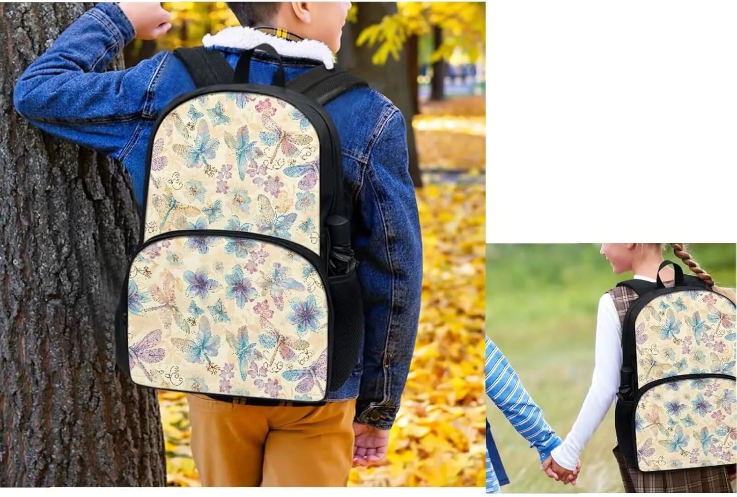 Art Flowers School Backpack for Kids 8-12 Boys and Lunch Bag Pencil Case Water Bottle Cover Portable Fashion Backpack Lunchbox for School Vacation