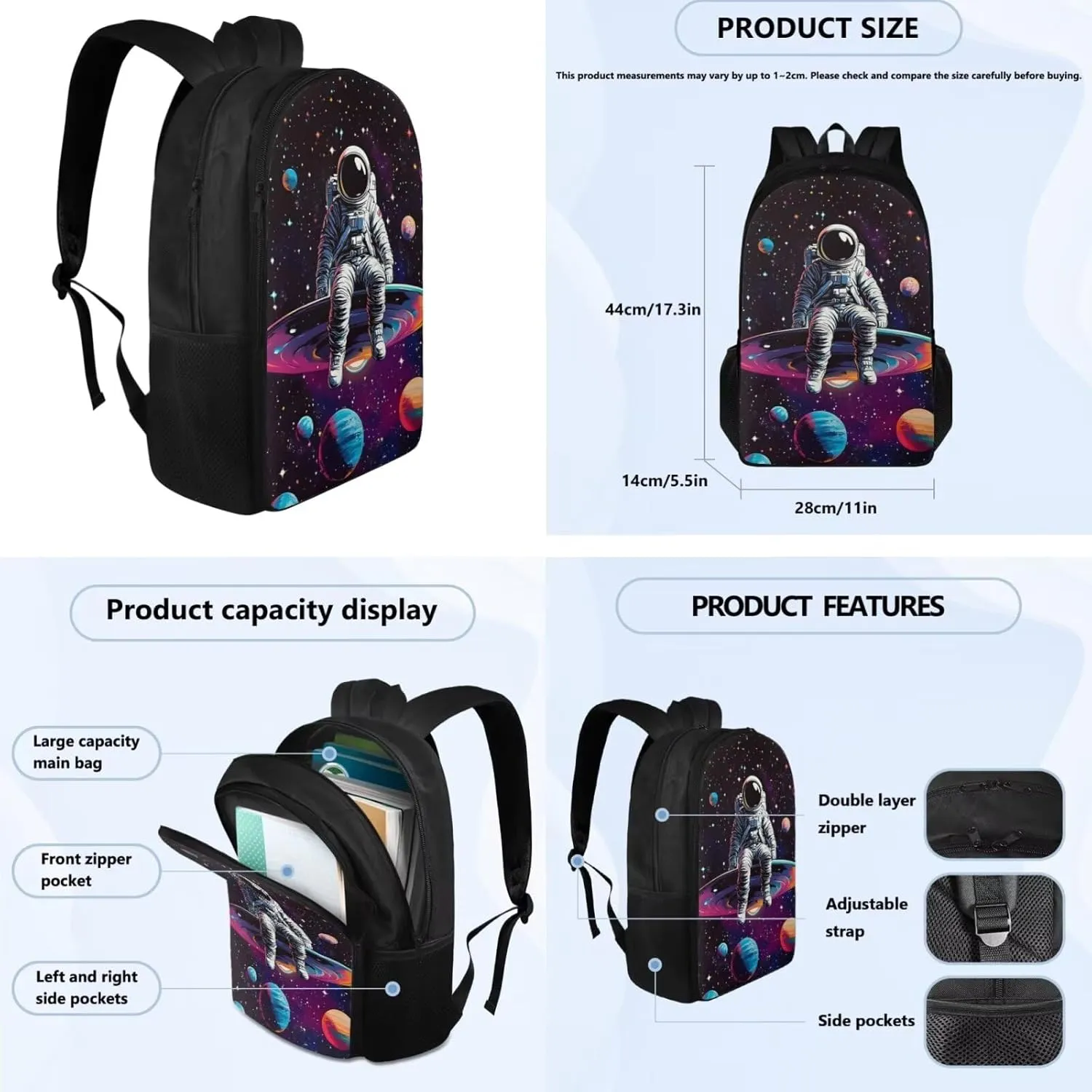 Astronaut Kids Backpack for Middle School 4 in 1 Set Portable Book Bag with Thermal Lunch Box Pencil Bag and Water Bottle Holder Big Capacity School Bags for Boys 10-12