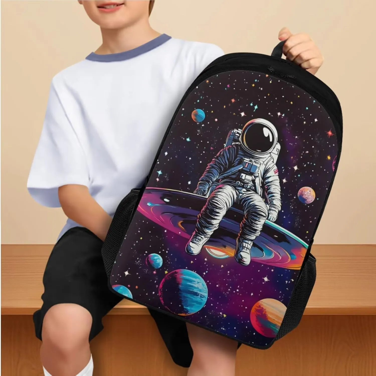Astronaut Kids Backpack for Middle School 4 in 1 Set Portable Book Bag with Thermal Lunch Box Pencil Bag and Water Bottle Holder Big Capacity School Bags for Boys 10-12