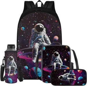 Astronaut Kids Backpack for Middle School 4 in 1 Set Portable Book Bag with Thermal Lunch Box Pencil Bag and Water Bottle Holder Big Capacity School Bags for Boys 10-12