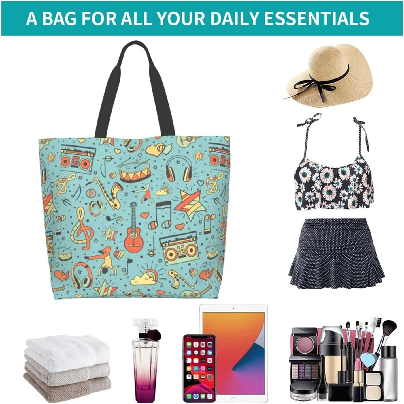 ASYG Music Tote Shoulder Bag Music Notes Bags Storage Handle Shopping Bag Portable Concert Bag