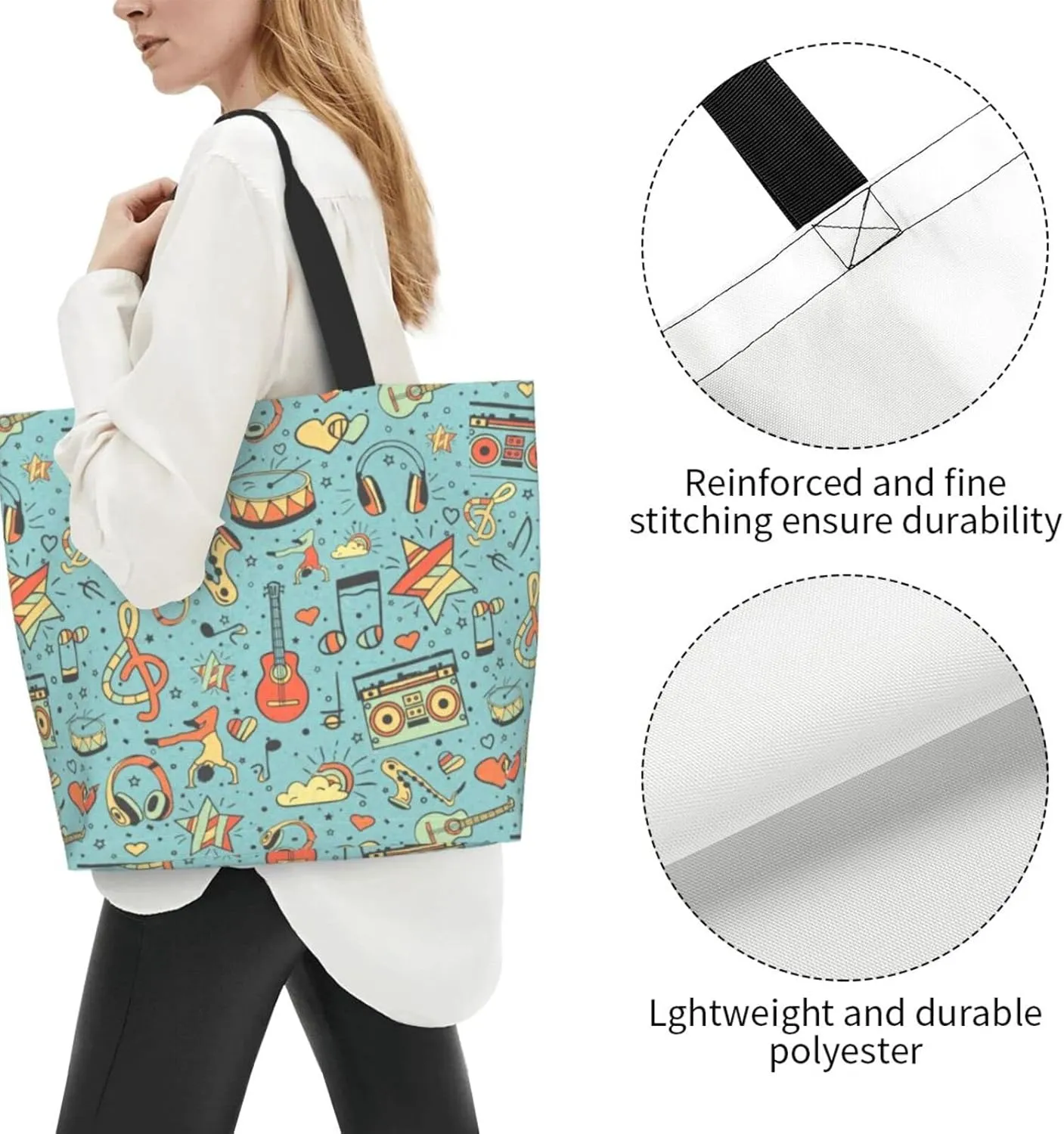 ASYG Music Tote Shoulder Bag Music Notes Bags Storage Handle Shopping Bag Portable Concert Bag