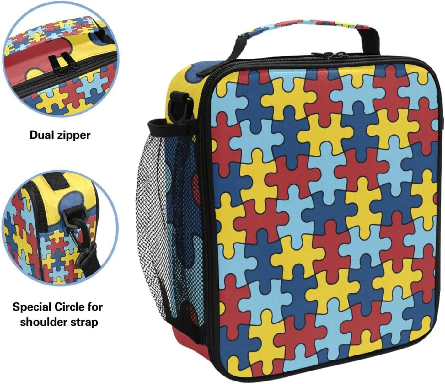 Autism Awareness Lunch Box Insulated Lunch Bag Reusable Cooler Lunch Tote Bag Portable Lunch Bag With Shoulder Strap for Boys Girls Adults School Offices