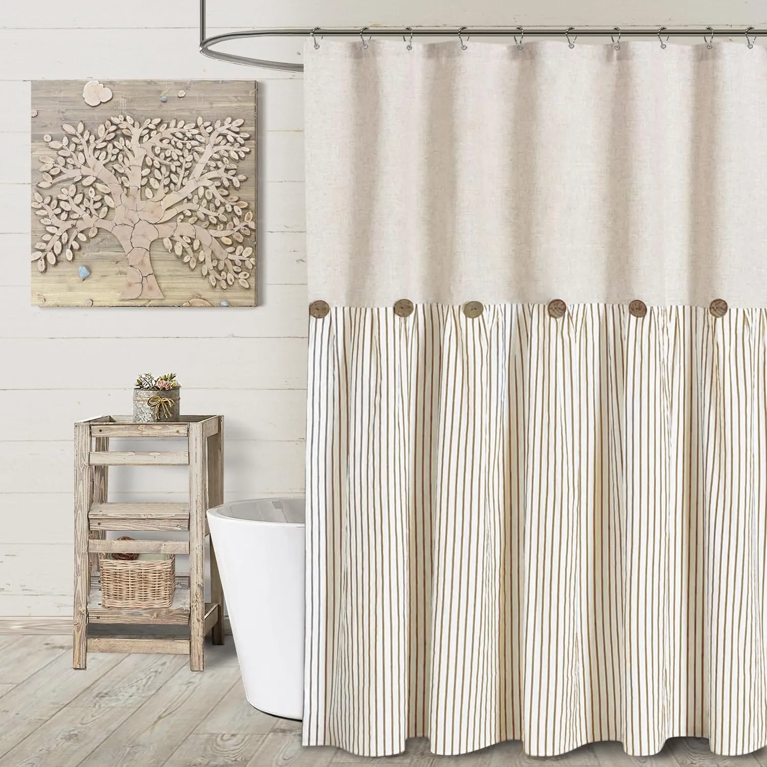 Awellife Linen Button Farmhouse Beige Shower Curtain,Linen and Cotton Woven Fabric,Pleated Beige Stripe,Country Style,72x72 Inch