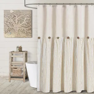 Awellife Linen Button Farmhouse Beige Shower Curtain,Linen and Cotton Woven Fabric,Pleated Beige Stripe,Country Style,72x72 Inch