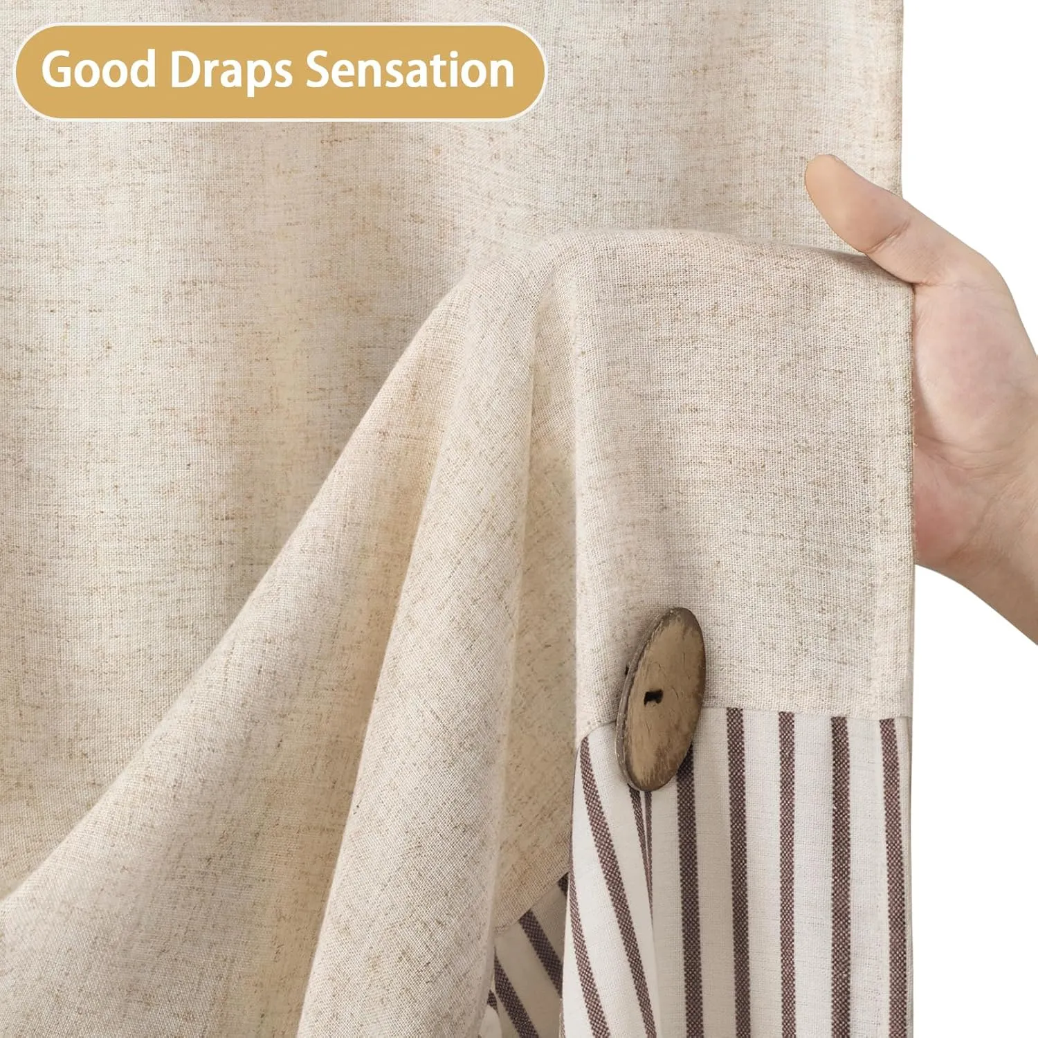 Awellife Linen Button Farmhouse Beige Shower Curtain,Linen and Cotton Woven Fabric,Pleated Brown Stripe,Country Style,72x72 Inch