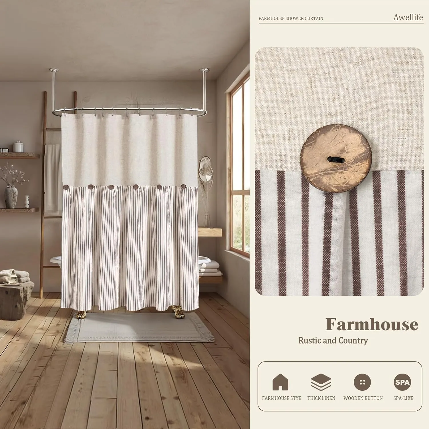 Awellife Linen Button Farmhouse Beige Shower Curtain,Linen and Cotton Woven Fabric,Pleated Brown Stripe,Country Style,72x72 Inch
