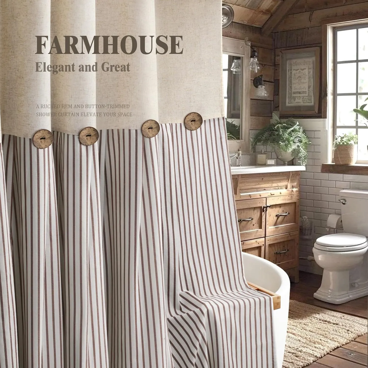 Awellife Linen Button Farmhouse Beige Shower Curtain,Linen and Cotton Woven Fabric,Pleated Brown Stripe,Country Style,72x72 Inch