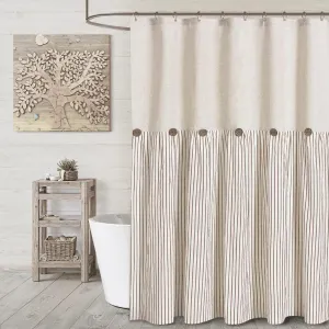 Awellife Linen Button Farmhouse Beige Shower Curtain,Linen and Cotton Woven Fabric,Pleated Brown Stripe,Country Style,72x72 Inch