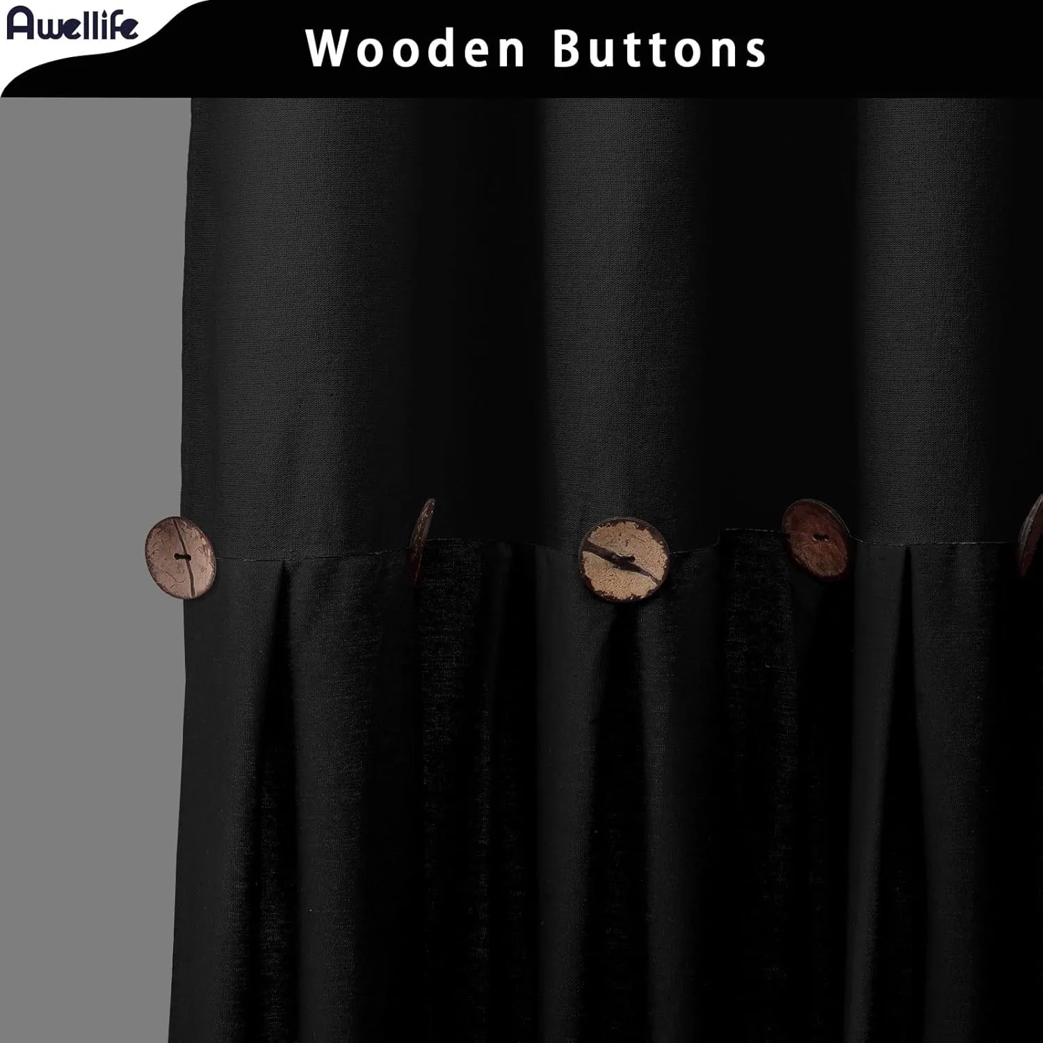 Awellife Linen Button Farmhouse Black Shower Curtain,Linen and Cotton Woven Fabric,Country Style,72" L x 72" W