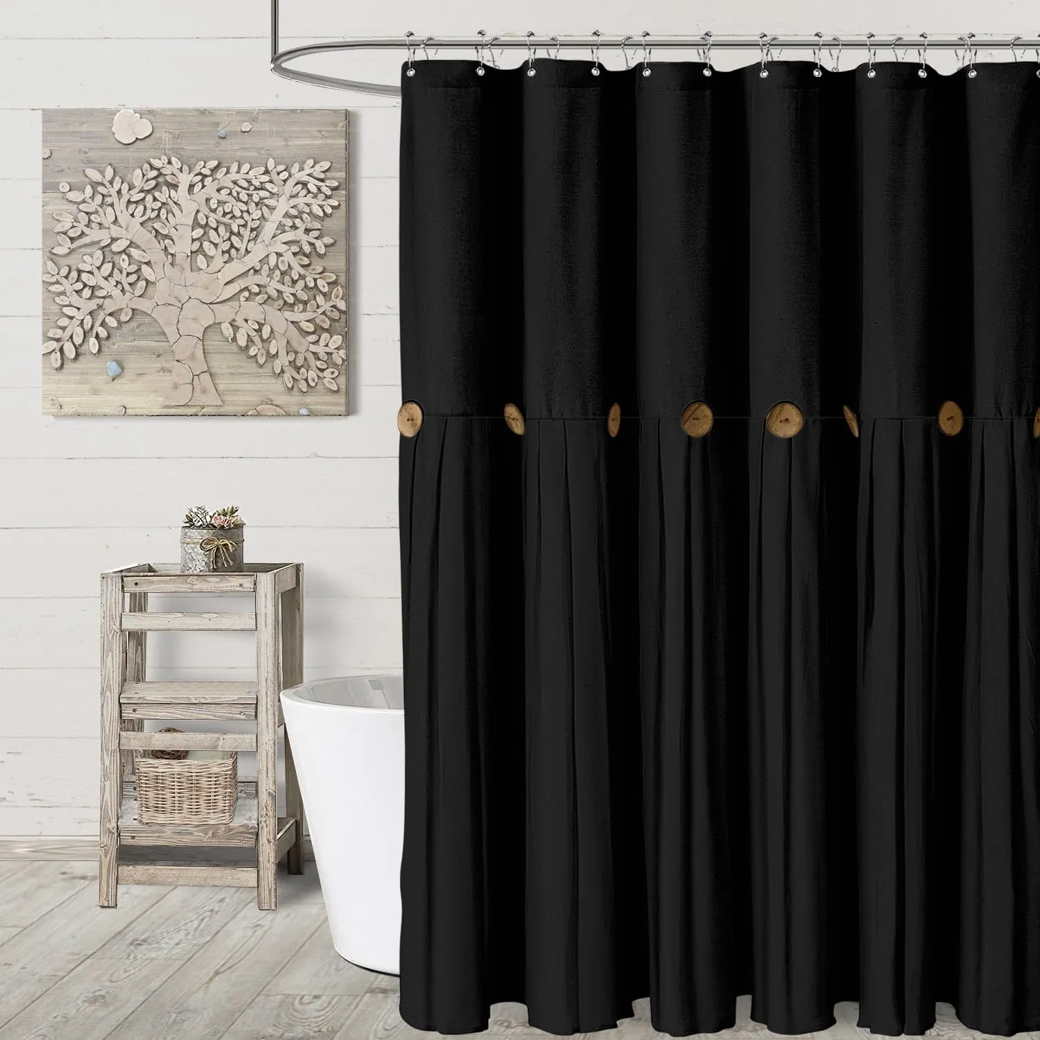 Awellife Linen Button Farmhouse Black Shower Curtain,Linen and Cotton Woven Fabric,Country Style,72" L x 72" W