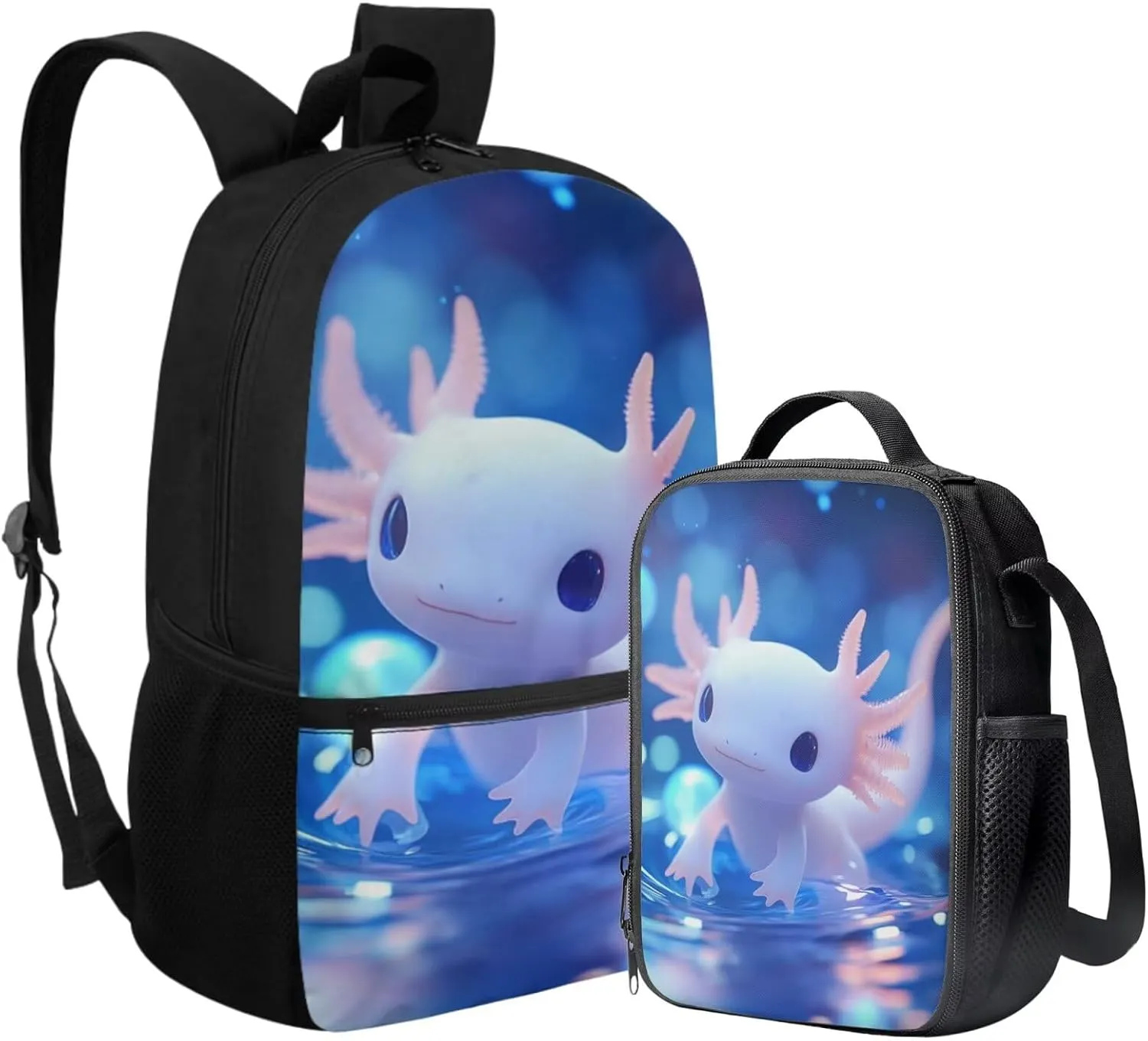 Axolotl Backpack Purse for Boys Lightweight 2 Pcs Bookbag Set for School Large Capacity School Bag Set for Primary School Students Travel Knapsack