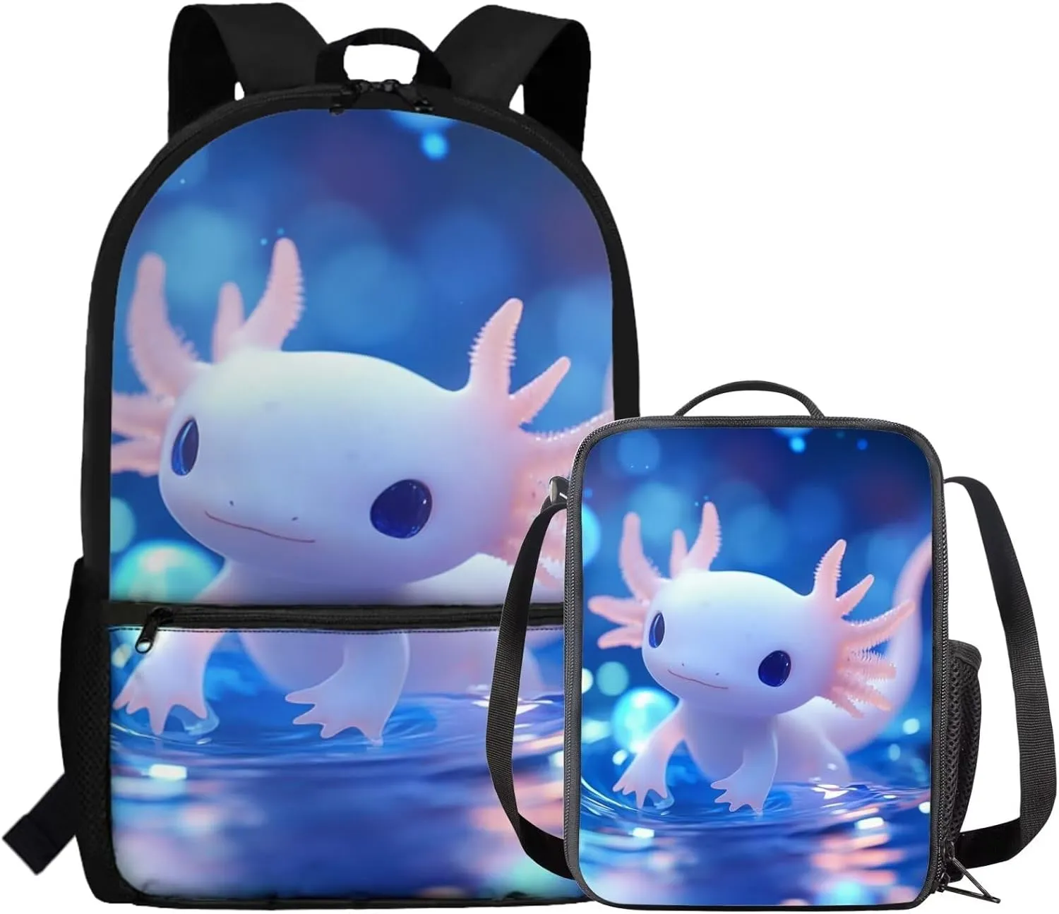Axolotl Backpack Purse for Boys Lightweight 2 Pcs Bookbag Set for School Large Capacity School Bag Set for Primary School Students Travel Knapsack