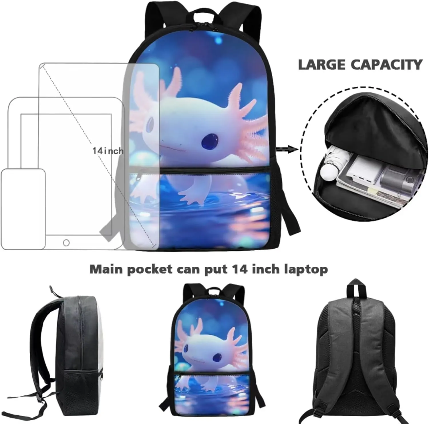 Axolotl Backpack Purse for Boys Lightweight 2 Pcs Bookbag Set for School Large Capacity School Bag Set for Primary School Students Travel Knapsack