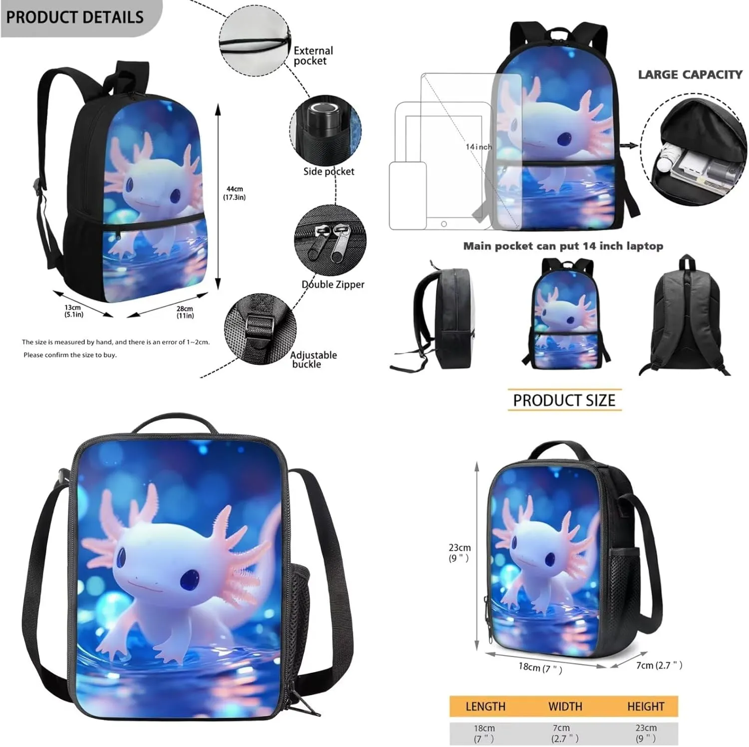 Axolotl Backpack Purse for Boys Lightweight 2 Pcs Bookbag Set for School Large Capacity School Bag Set for Primary School Students Travel Knapsack